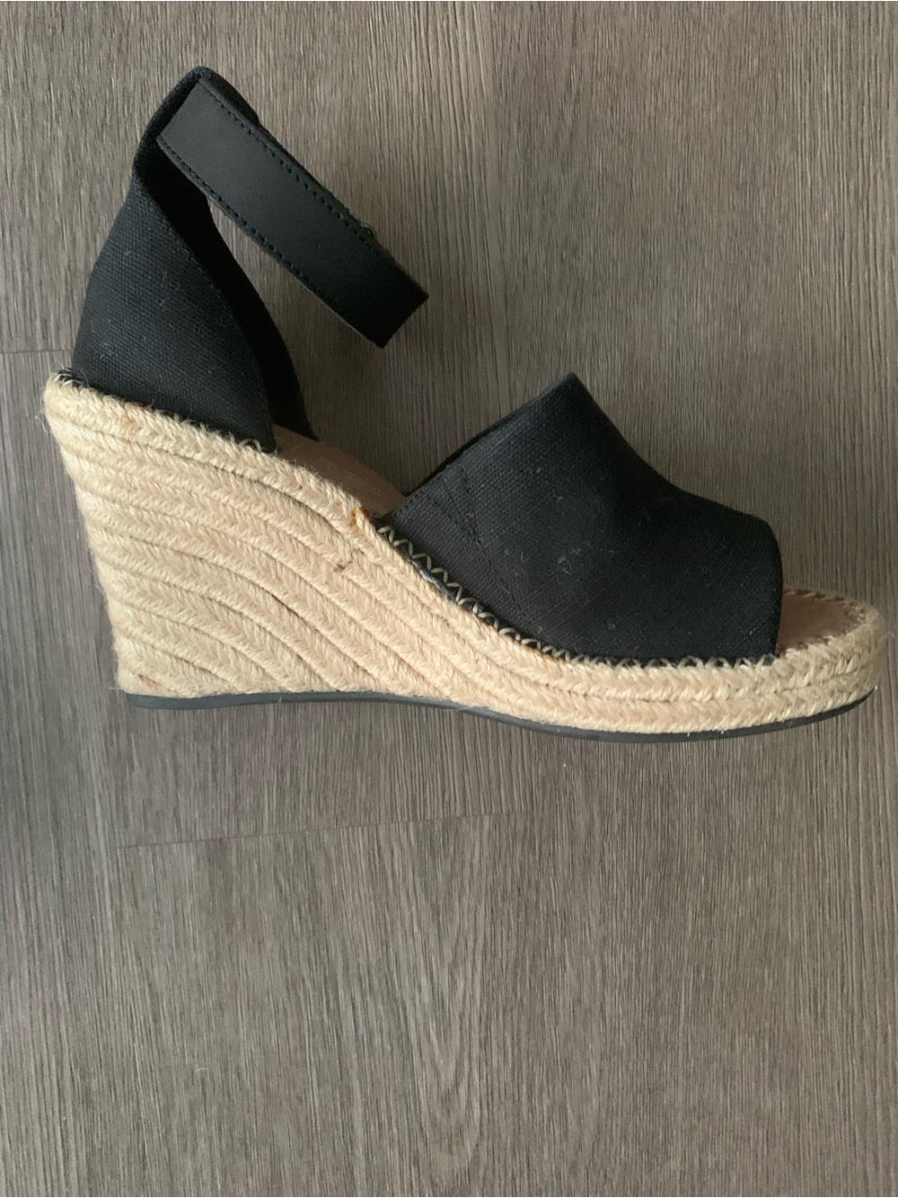 TOMS Black Canvas Espadrille Wedge Sandals with Ankle Strap